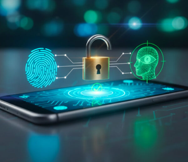 Icona di accesso biometrico con impronta digitale e lucchetto aperto su smartphone per un'app aziendale.