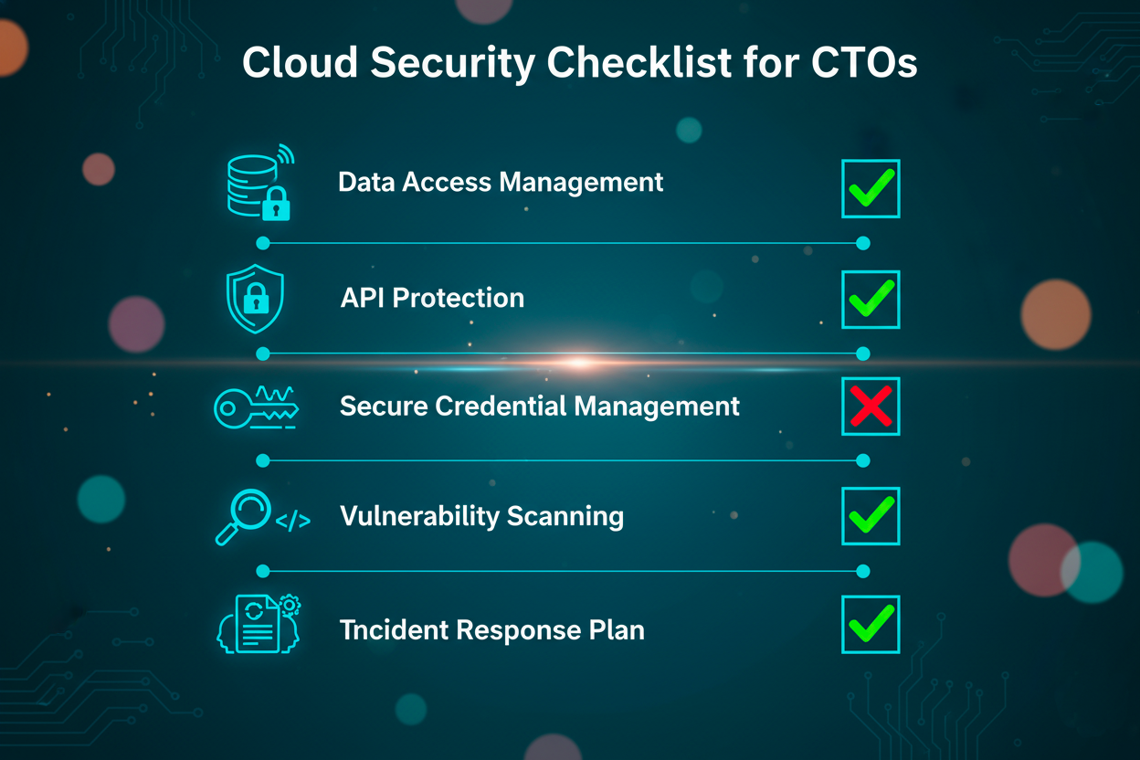 Illustrazione di concetti di sicurezza cloud con checklist e infrastruttura digitale, dedicata ai CTO per prevenire rischi e misconfigurazioni.