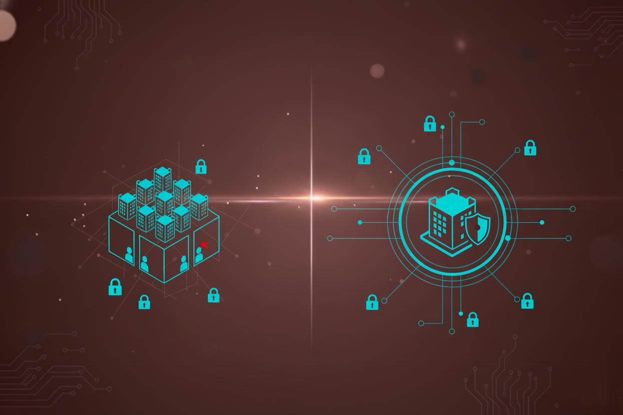 Diagramma che confronta un’infrastruttura SaaS multi-tenant con un’app B2B custom a sicurezza dedicata, evidenziando differenze di sicurezza e gestione dei dati.