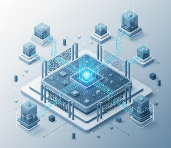 Rappresentazione concettuale di un’architettura di AI in azienda con flussi di dati governati, livelli separati e infrastruttura digitale scalabile.