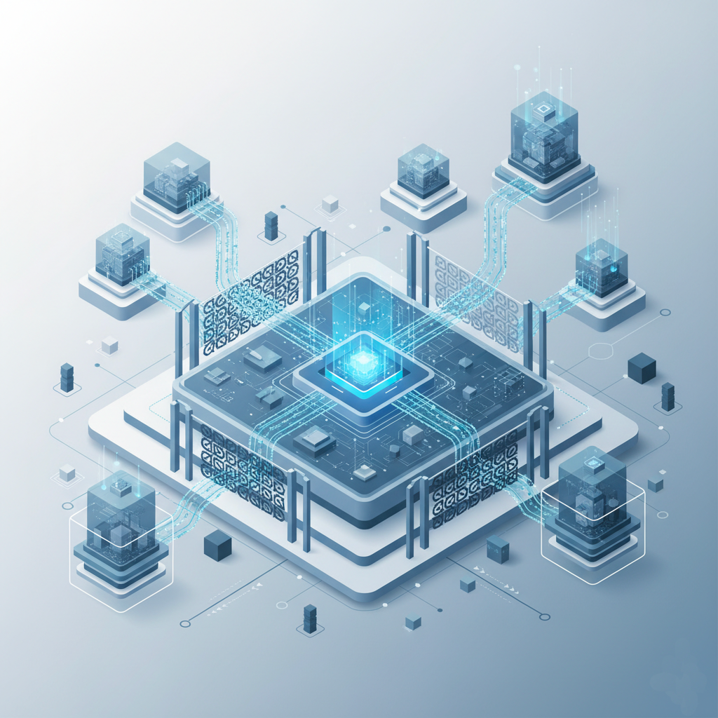 Rappresentazione concettuale di un’architettura di AI in azienda con flussi di dati governati, livelli separati e infrastruttura digitale scalabile.