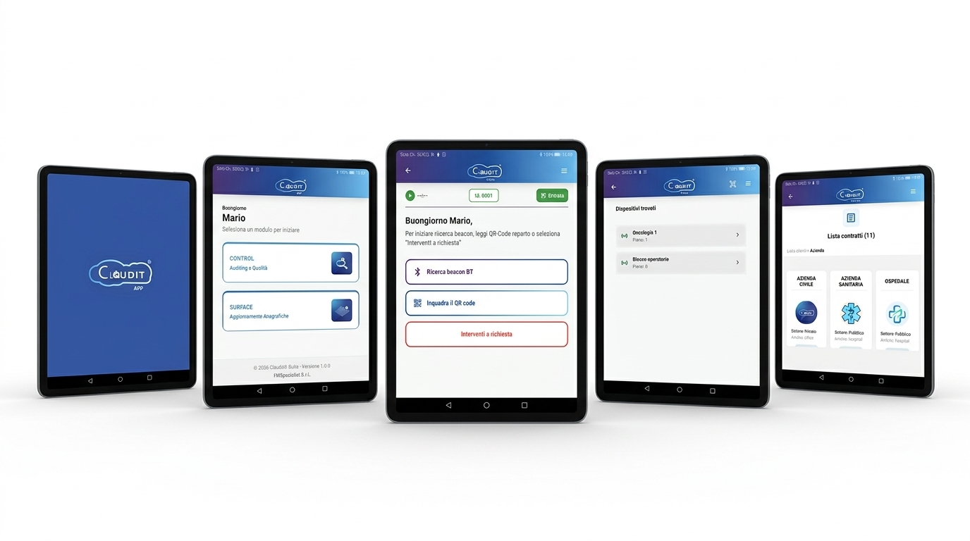 Mockup dell'applicazione Claudit per tablet con schermate di login, moduli control e audit su sfondo bianco